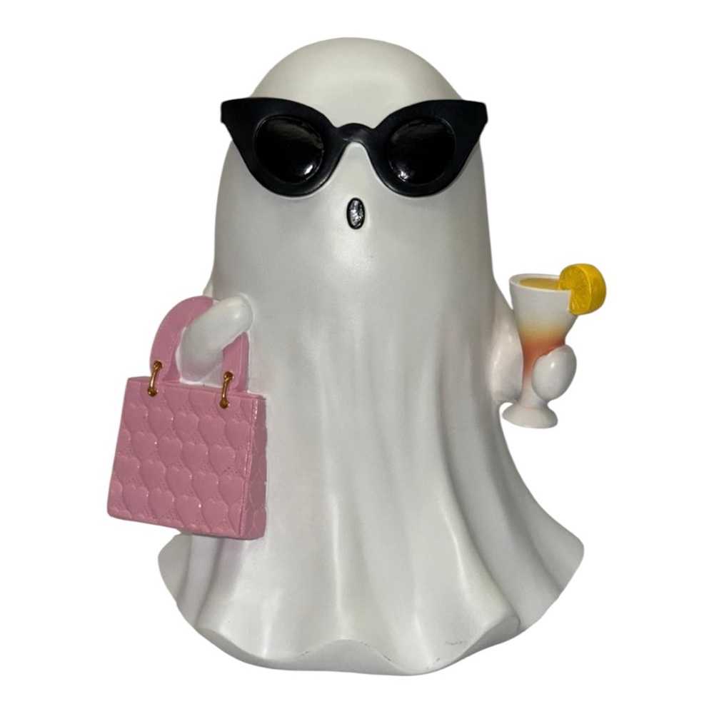 Boujee Fashionista Ghost Girl Figurine w/ Pink Bag, Sunglasses, & Martini Drink